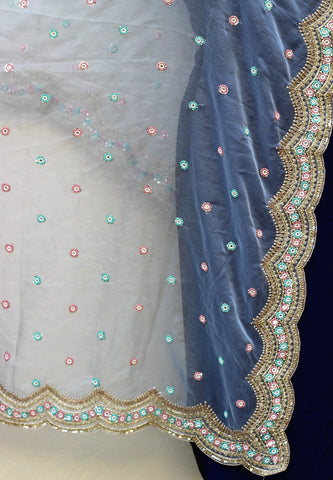 Blueish Gray Organza Hand Work Dupatta