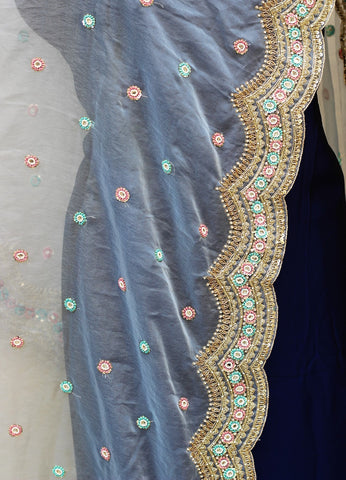 Blueish Gray Organza Hand Work Dupatta