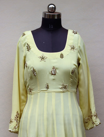 Lemon Yellow Full Dress With Organza Dupatta