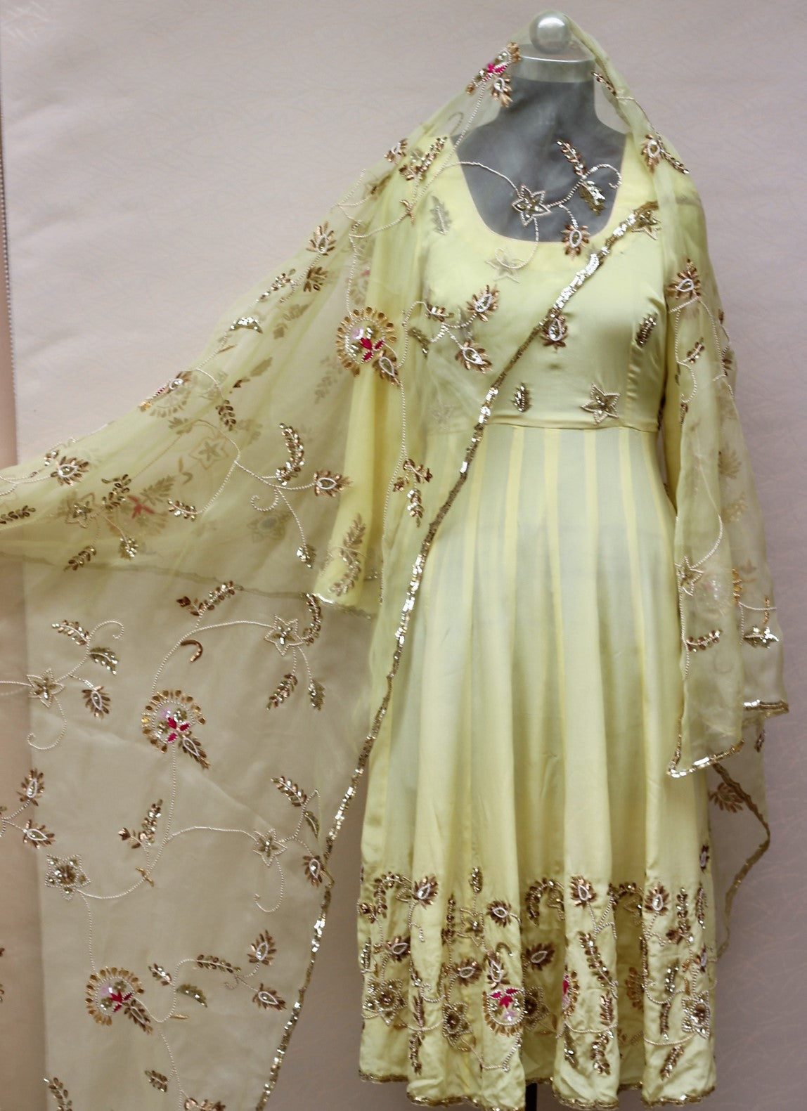 Lemon Yellow Full Dress With Organza Dupatta