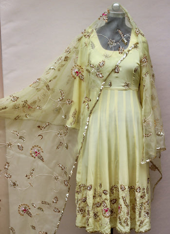 Lemon Yellow Full Dress With Organza Dupatta