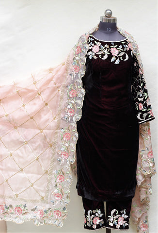 Maroon Full Suit With Peach Organza Dupatta