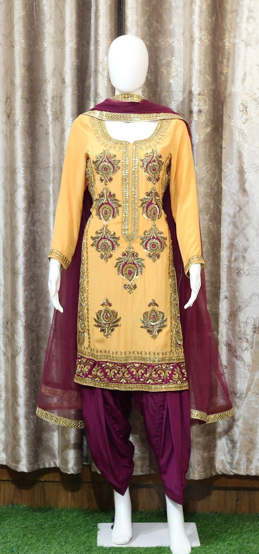 Mango and Wine Full Suit With Wine Net Dupatta