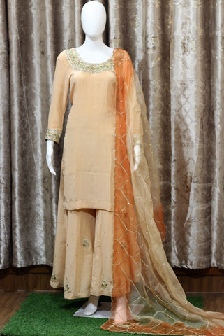 Peach Full Suit With Organza Dupatta