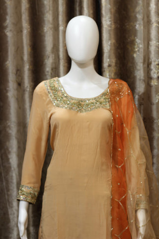 Peach Full Suit With Organza Dupatta