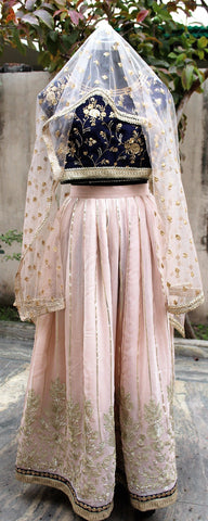 Navy Blue and Rose Gold Lehenga Choli Dress With Net Dupatta