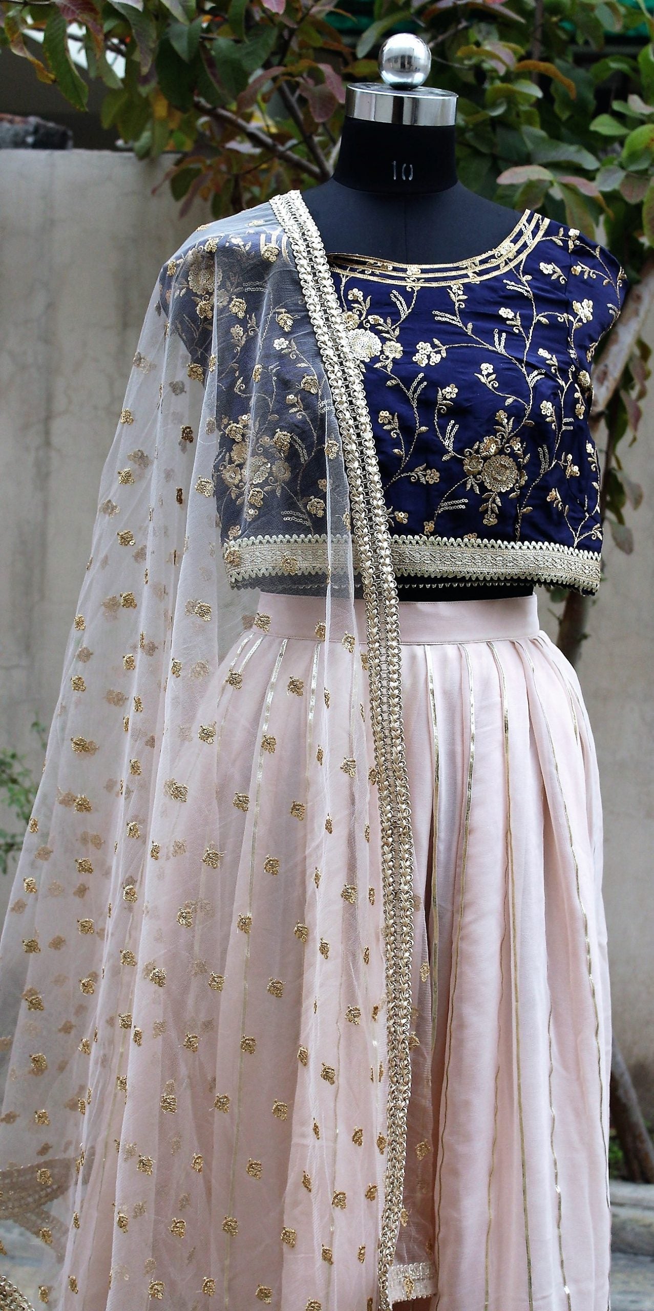Navy Blue and Rose Gold Lehenga Choli Dress With Net Dupatta