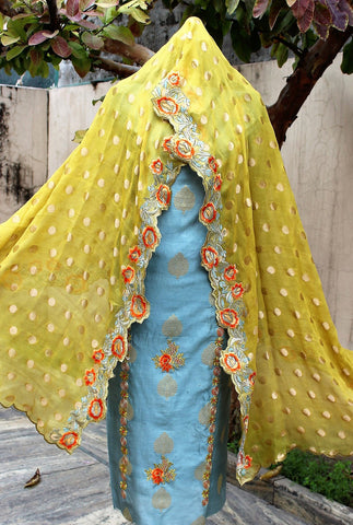 Blueish Gray Full Suit With Lemon Green Dupatta