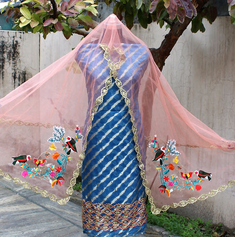 Blue Full Suit With Peach Net Dupatta