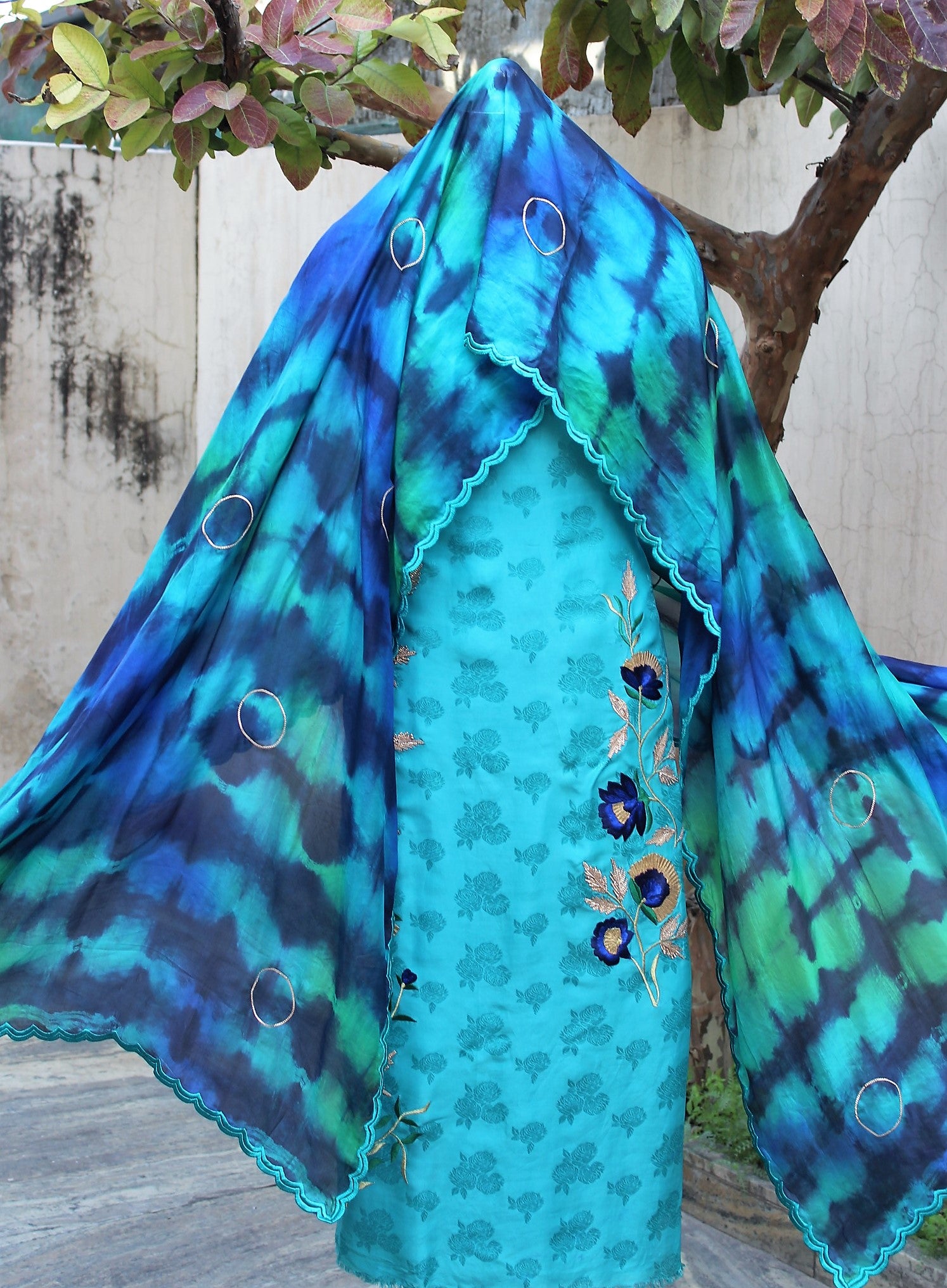Firoji Full Suit With Tabbi Silk Tie Dye Dupatta