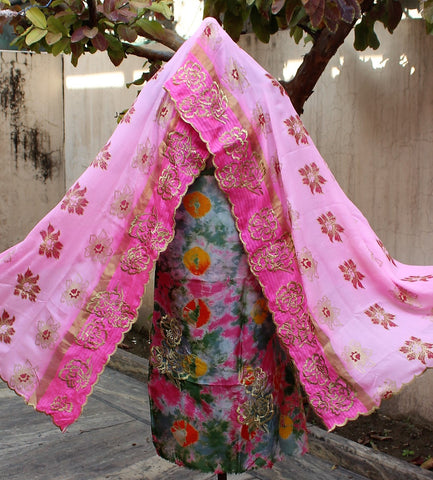 Tie and Dye Full Suit With Pink Chinon Chiffon Dupatta