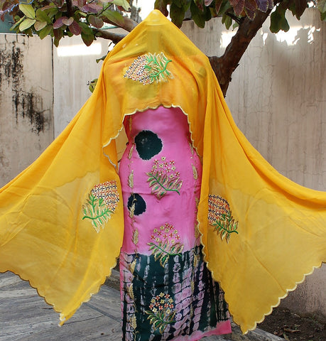 Pink Tie Dye Full Suit With Mustard Georgette Dupatta