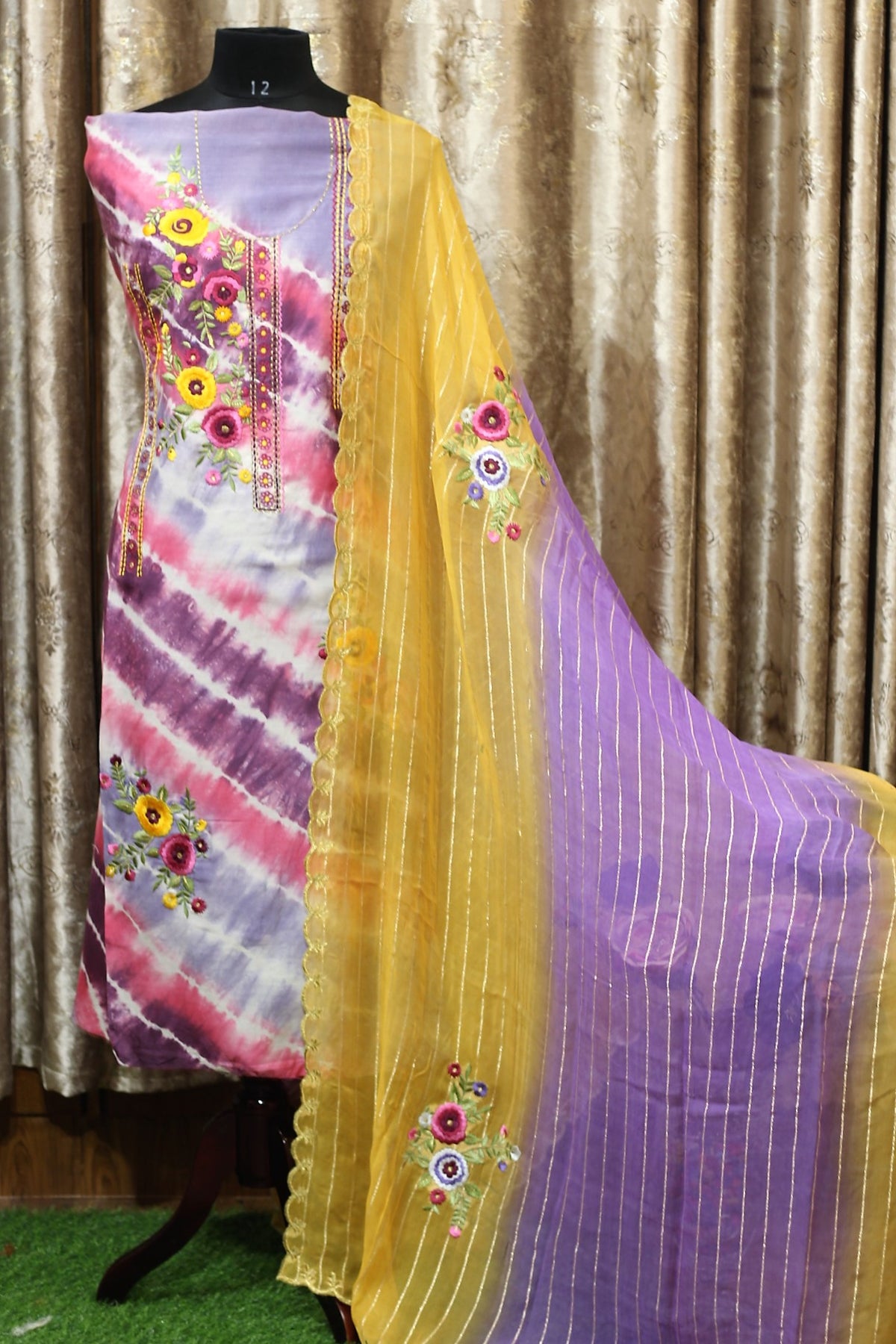 Purple Tie and Dye Full Suit With Lines Georgette Dupatta