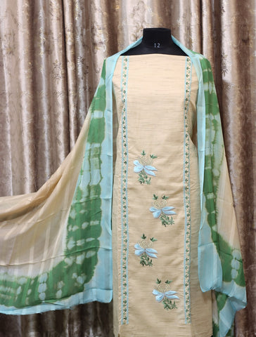 Beige Full Suit With Malmal Cotton Tie Dye Dupatta