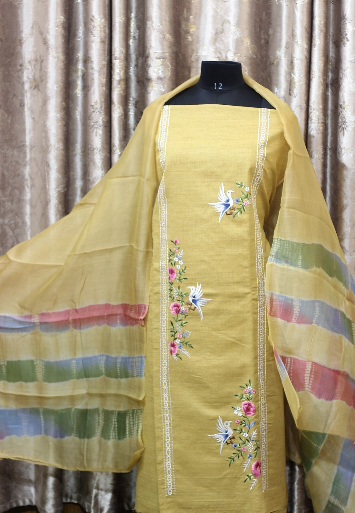 Mustard Full Suit With Kota Doria Tie Dye Dupatta