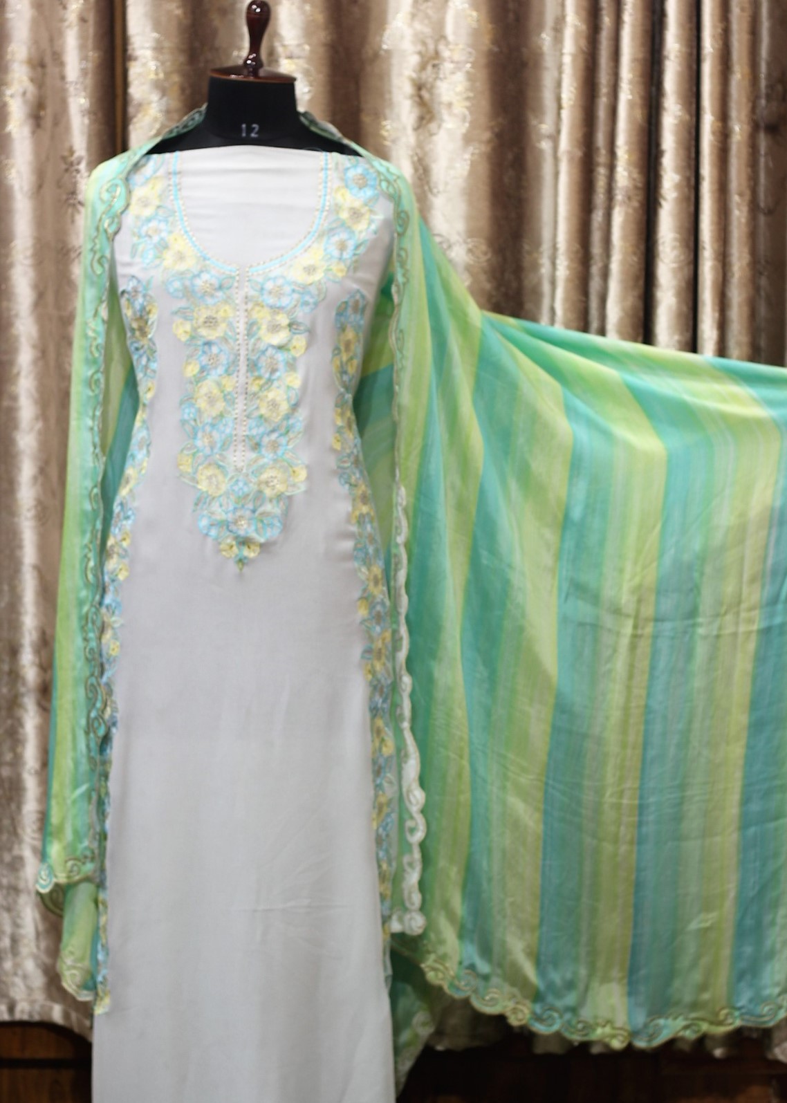 Greay Full Suit With Green Tie Dye Dupatta-1280
