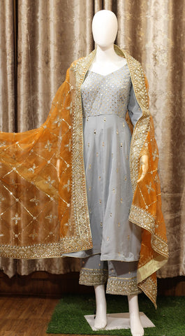 Greay Full Suit With Orange Rust Organza Dupatta-1283