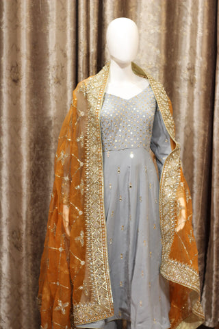 Greay Full Suit With Orange Rust Organza Dupatta-1283