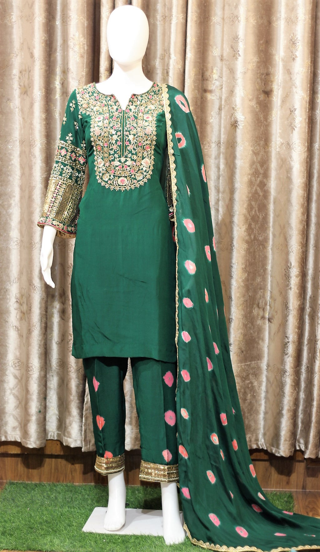 Bottle Green Full Suit With Chinon Chiffon Tie Dye Dupatta-1292