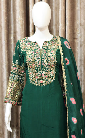 Bottle Green Full Suit With Chinon Chiffon Tie Dye Dupatta-1292