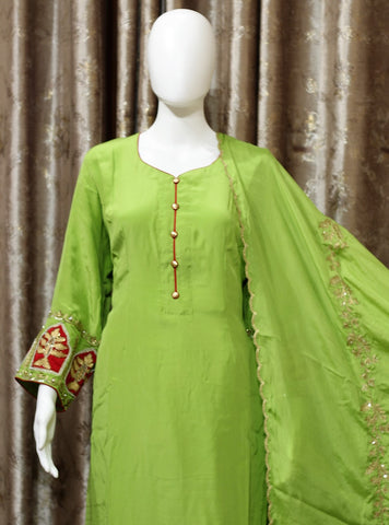 Parrot Green Designer Tissue Silk Festive Wear Suit with Organza Silk  Dupatta - R157-SPR1615