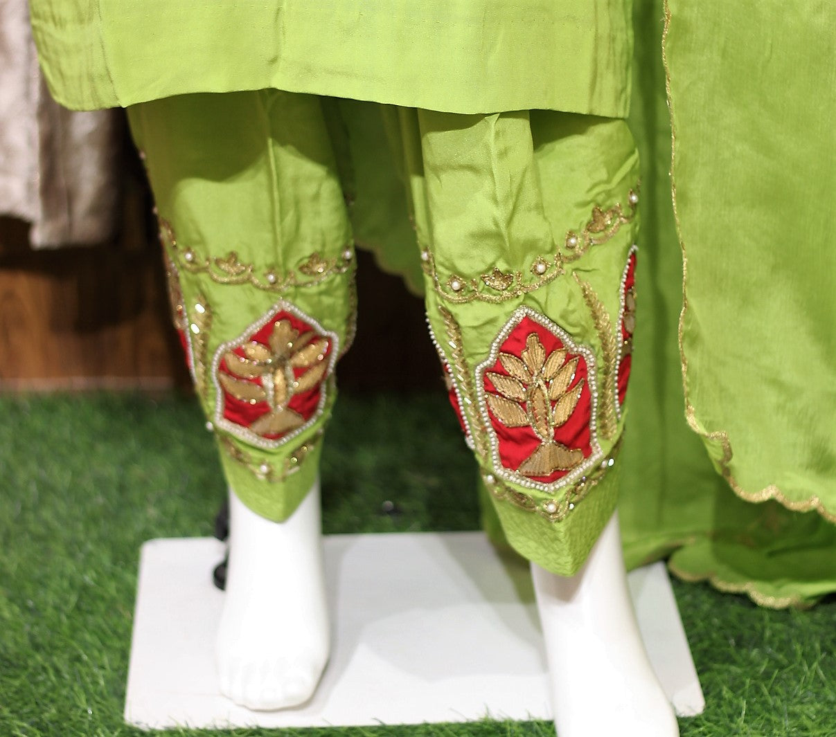 Green Sharara suit paired with Printed Dupatta – Silk & Sparkle