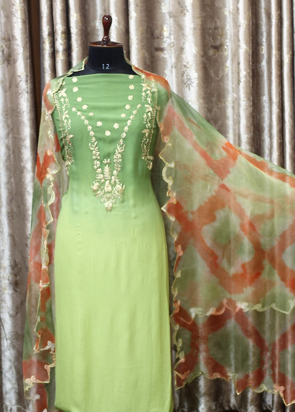 Green and Lemon Double Dye Full Suit With Organza Dupatta-1295