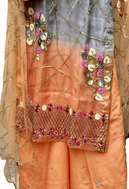Peach and Greay Double Dye Full Suit With Net Dupatta