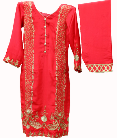 Red Full Suit With Chinon Chiffon Dupatta