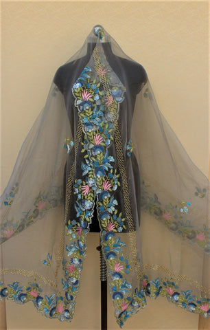 Blueish Gray Organza Hand Work Dupatta