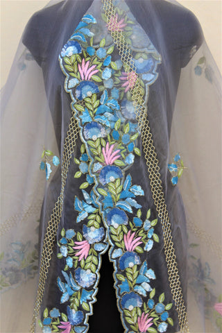 Blueish Gray Organza Hand Work Dupatta