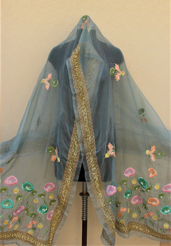Greay Pure Organza Hand Work Dupatta