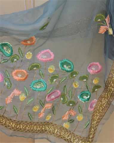 Greay Pure Organza Hand Work Dupatta
