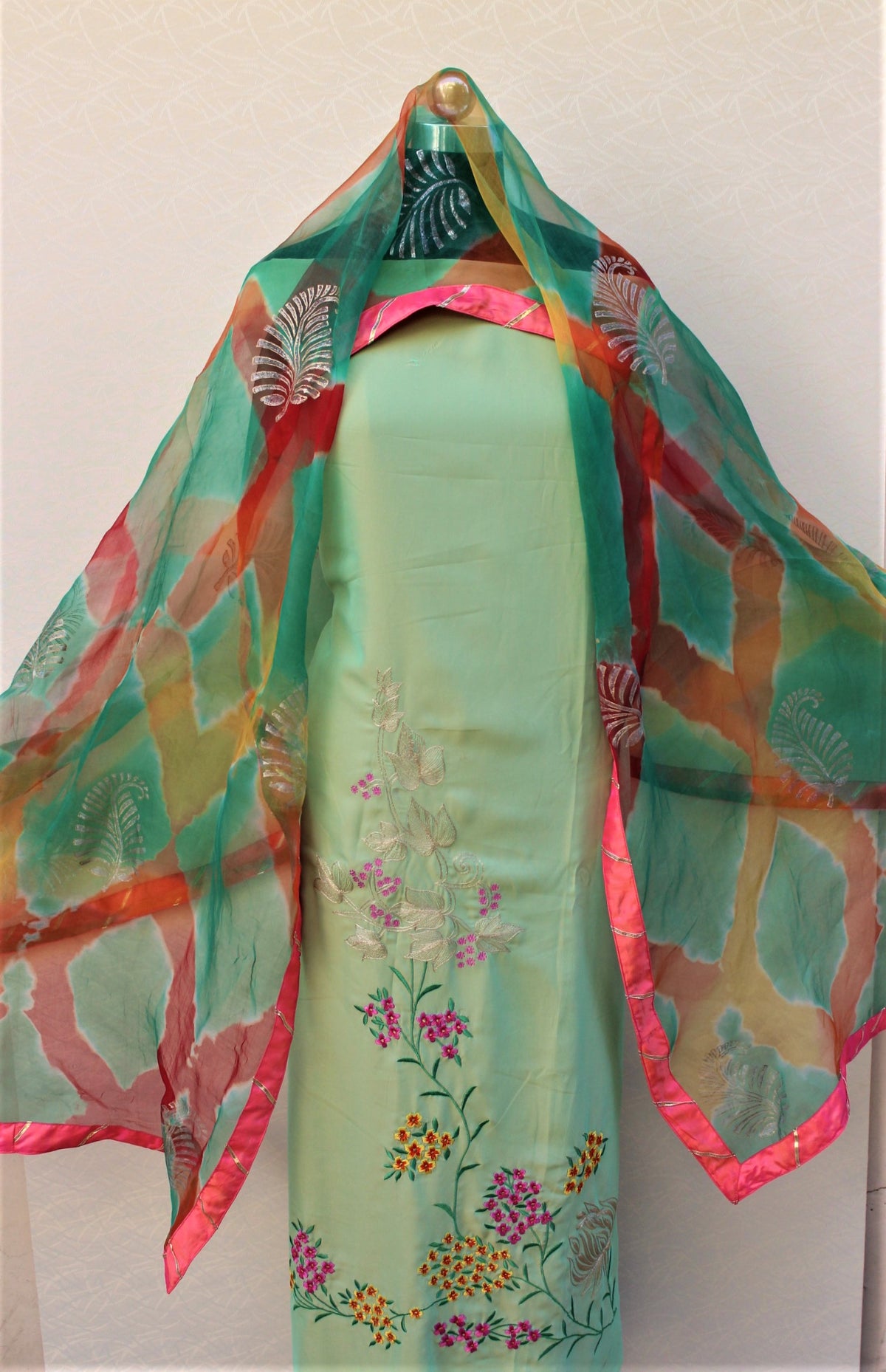 Poison Green Full Suit With Organza Tie Dye Dupatta