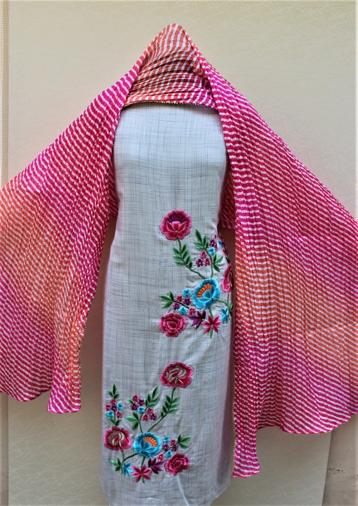 Light Greay Full Suit With Jaipuri Dupatta