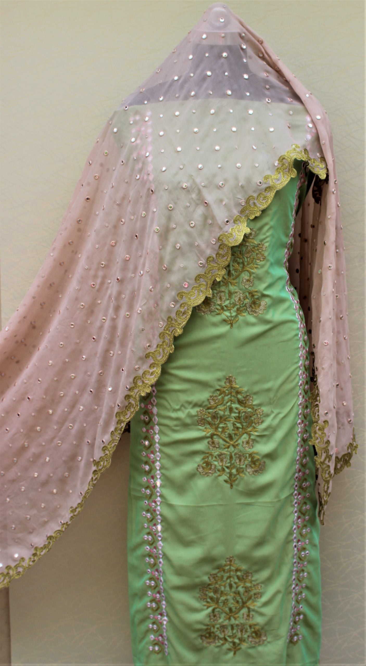 Green Full Suit With Pinkish Peach Georgette Dupatta