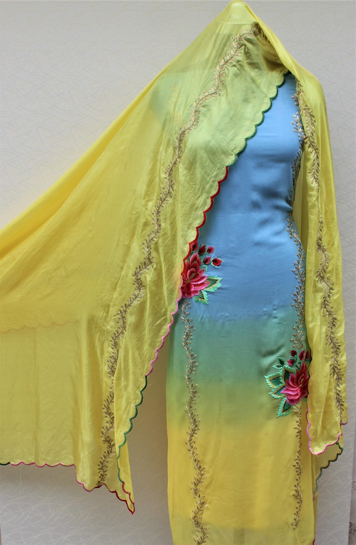 Blueish Gray and Yellow Double Dye Full Suit With Yellow Dupatta