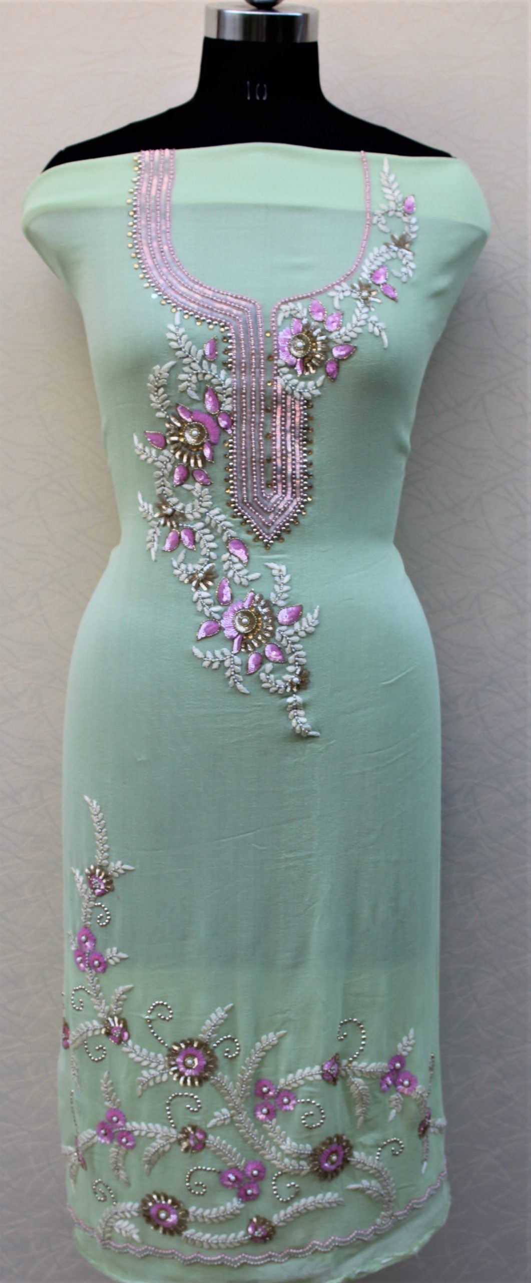 Pista Green Full Suit With Chinon Chiffon Dupatta