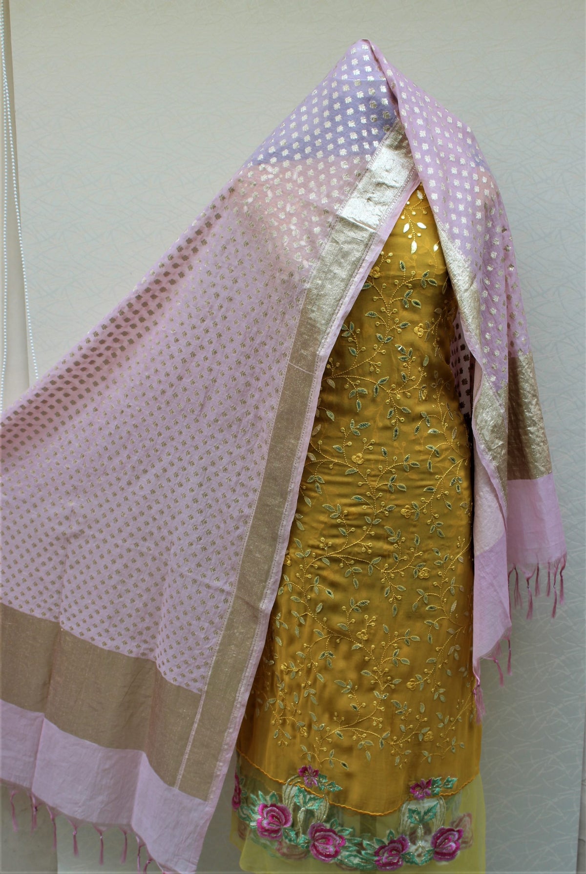 Yellow Full Suit With Pink Chanderi Dupatta