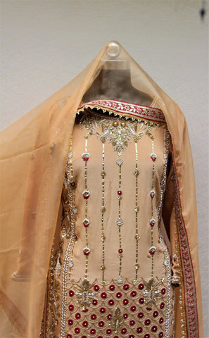 Beige Full Suit With Same Colour Organza Dupatta