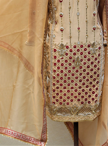 Beige Full Suit With Same Colour Organza Dupatta