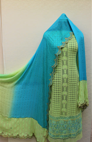 Parrot Green Full Suit With Chinon Chiffon Tie Dye Dupatta