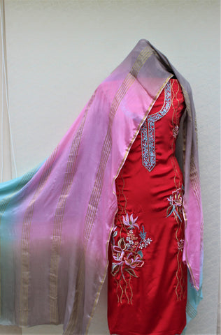 Red Full Suit With Chinon Chiffon Tie Dye Dupatta