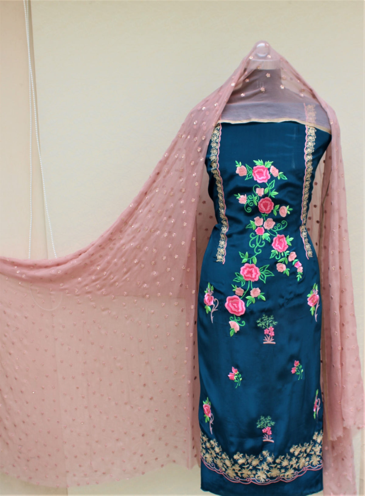 Peacock Full Suit With Dusty Rose Georgette Chiffon Dupatta