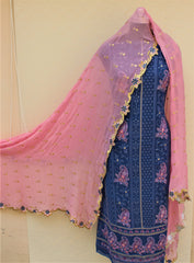 Blue Full Suit With Pink Georgette Chiffon Dupatta
