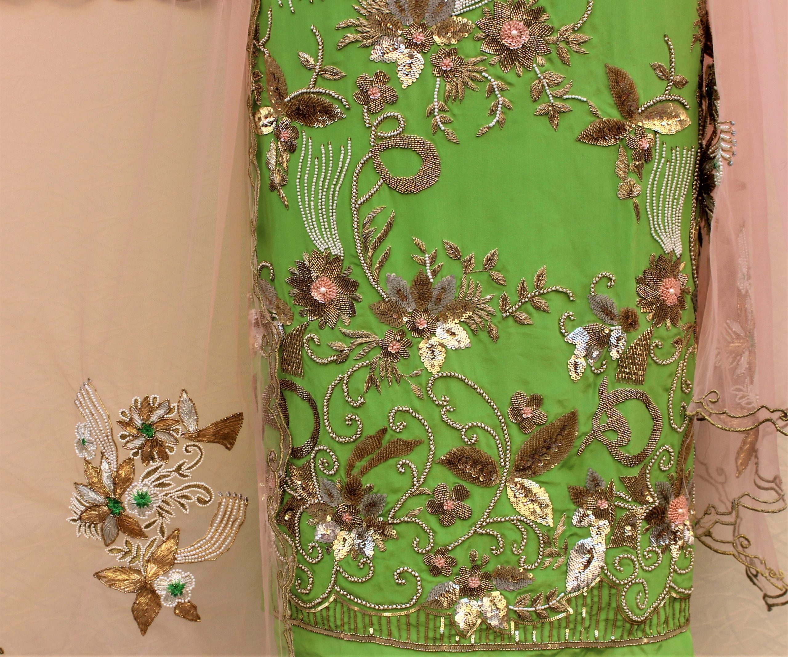 Parrot Green Full Suit With Peach Net Dupatta - Aman Sandhu Boutique Parrot Green Full Suit With Peach Net Dupatta - Aman Sandhu Boutique