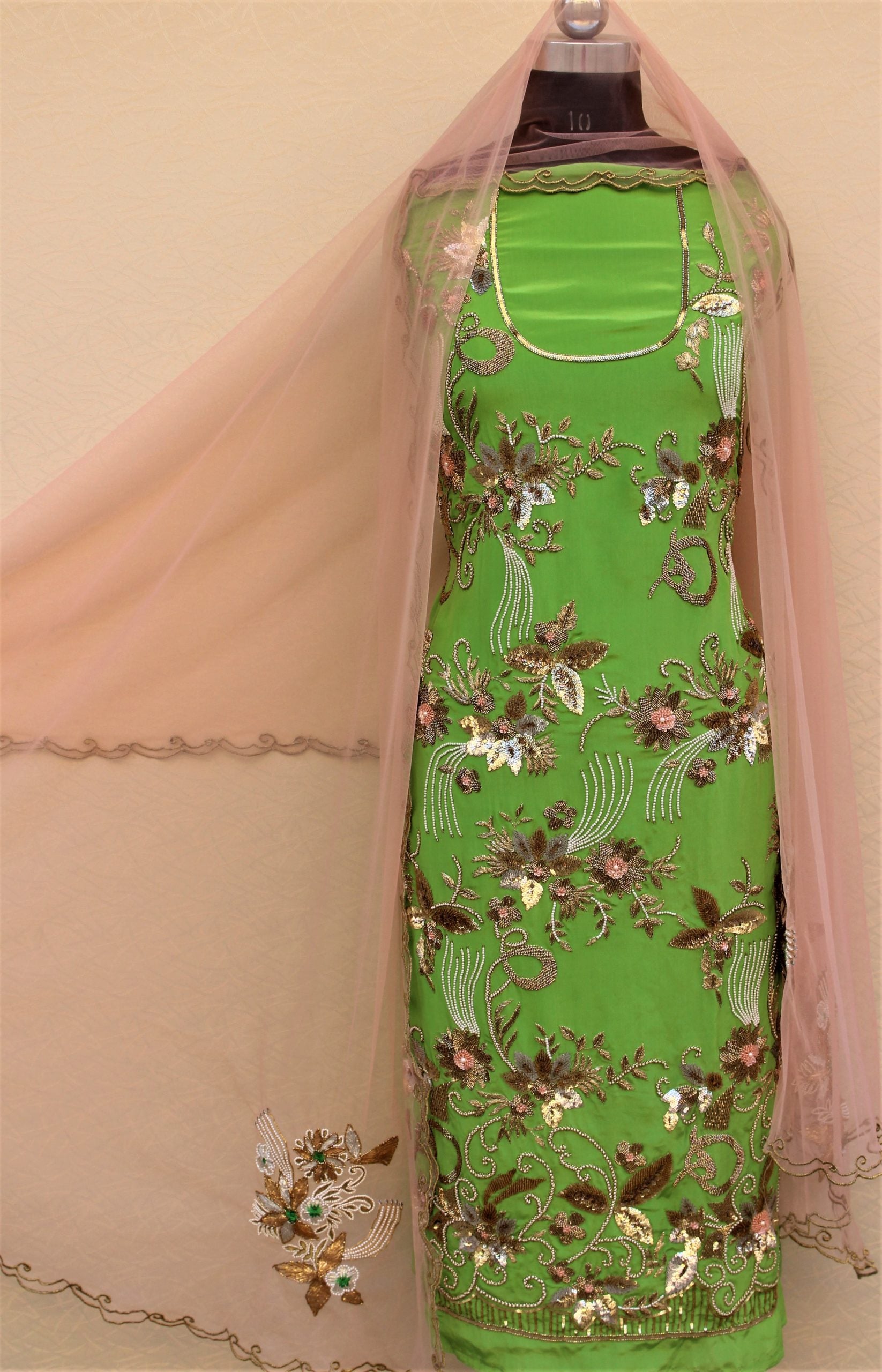 Parrot Green Full Suit With Peach Net Dupatta