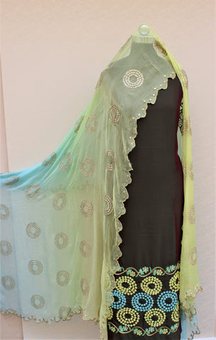 Dark Mehndi Full Suit With Chiffon Tie Dye Dupatta