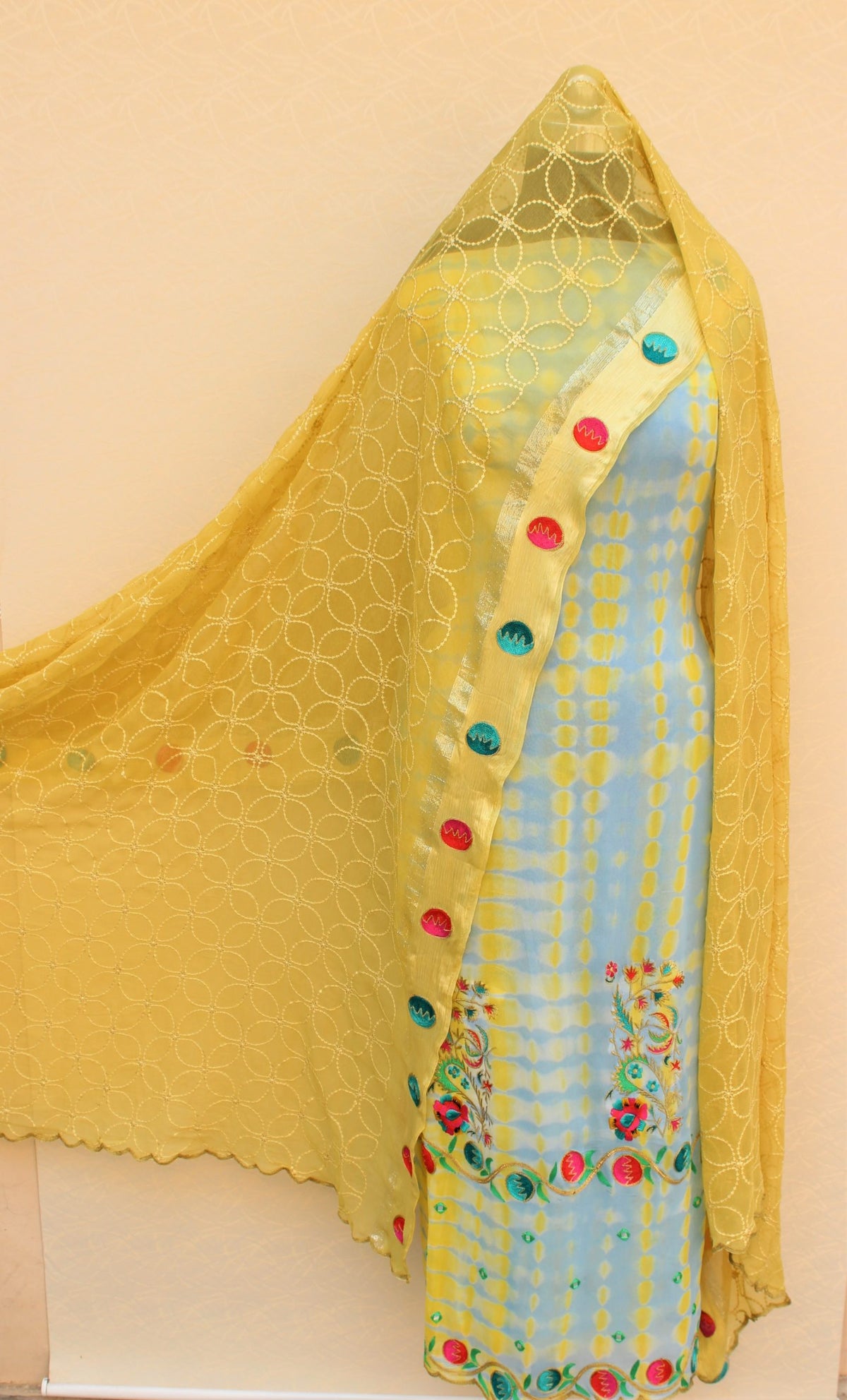 Blueish Gray Tie Dye Full Suit With Mustard Dupatta