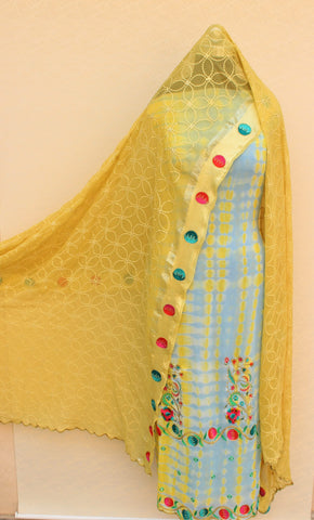 Blueish Gray Tie Dye Full Suit With Mustard Dupatta